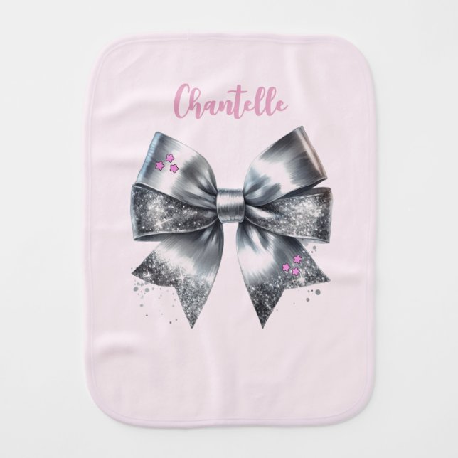 Party Ready Silver Bow Personalized Baby Burp Cloth (Front)