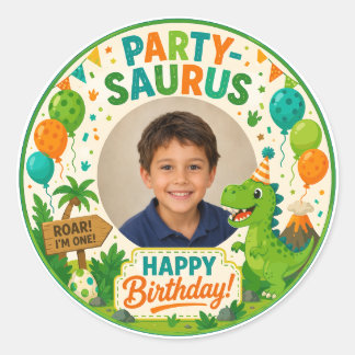 Party-Saurus Dinosaur First Birthday Picture Frame Classic Round Sticker