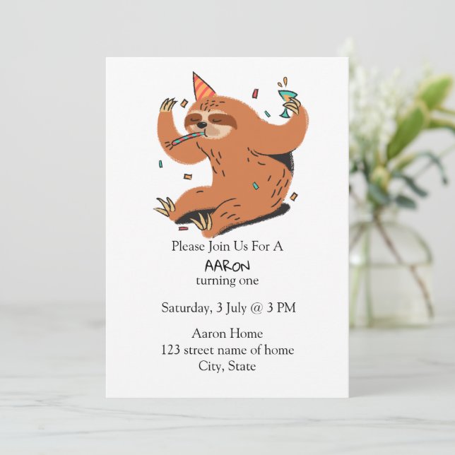 Party Sloth Invitation (Standing Front)