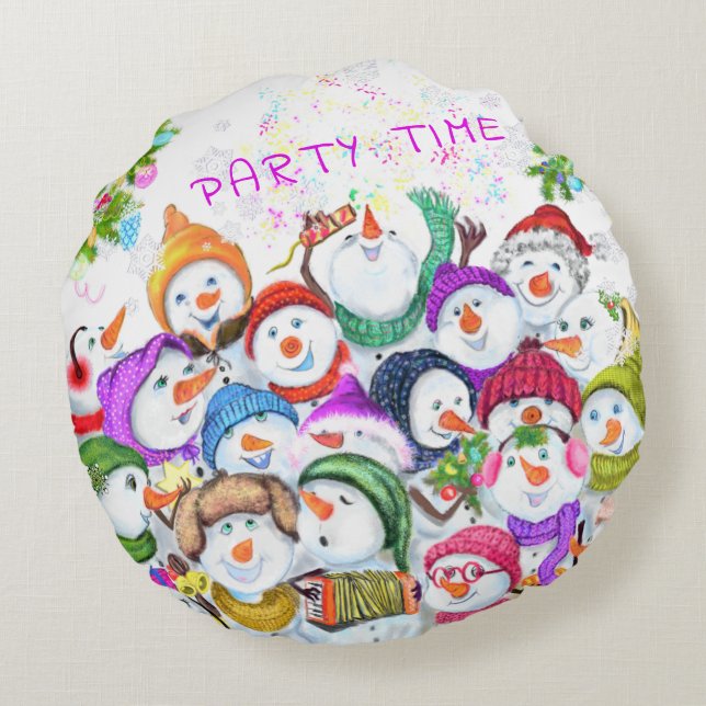 Party Snowmans Christmas Round Pillow (Back)