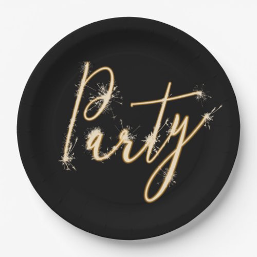 Party Sparkler Text on Black Paper Plate