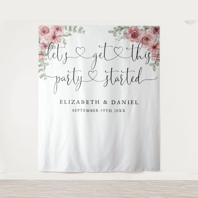 Party Started Script Floral Wedding Photo Backdrop (Front)