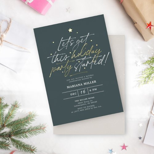 Party Started Script Green Christmas Holiday Party Foil Invitation