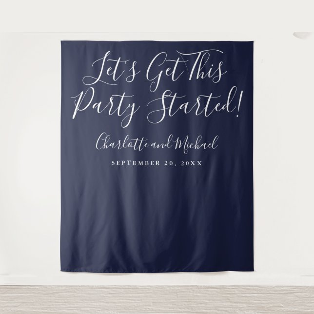 Party Started Script Navy Blue Photo Backdrop (Front)