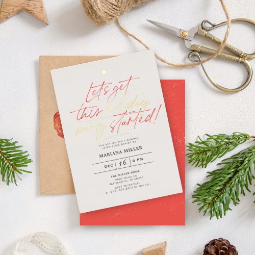 Party Started Script Red Christmas Holiday Party Foil Invitation