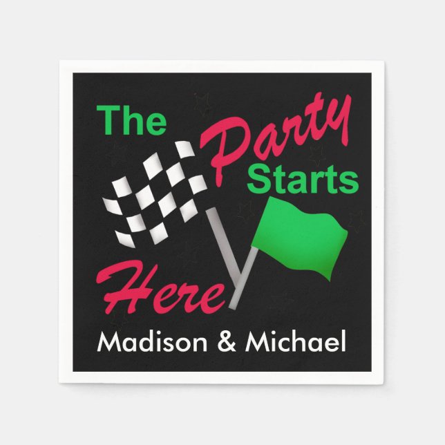 Party Starts Here Race Flag Name Personalized Paper Napkins (Front)