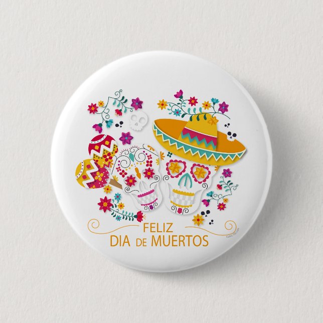 Party Sugar Skulls and Flowers Button (Front)