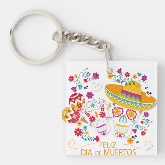 Party Sugar Skulls and Flowers Keychain (Front)