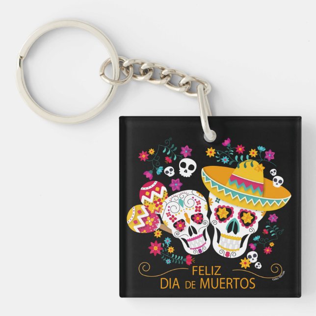 Party Sugar Skulls and Flowers Keychain (Front)
