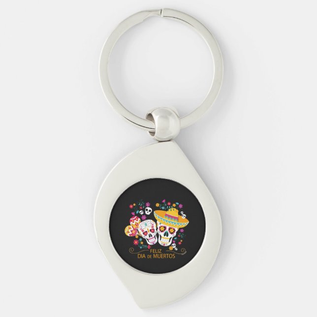 Party Sugar Skulls and Flowers Keychain (Front)