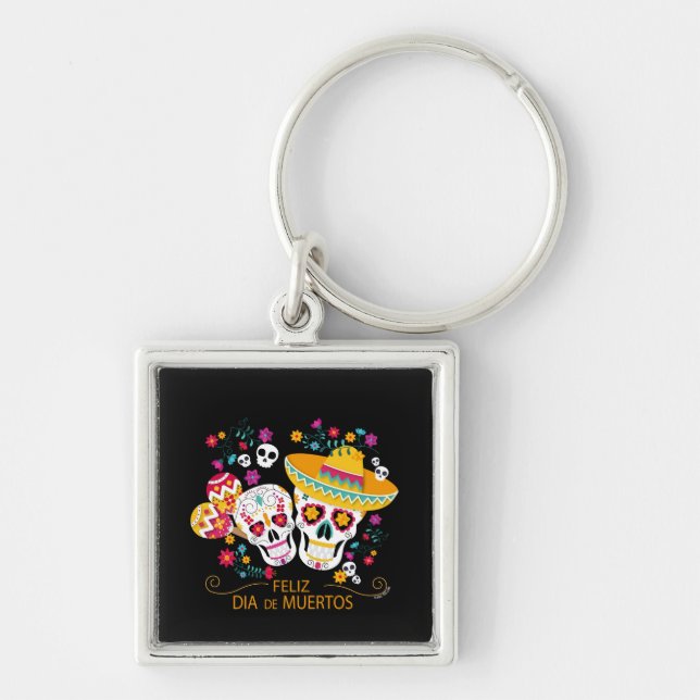 Party Sugar Skulls and Flowers Keychain (Front)