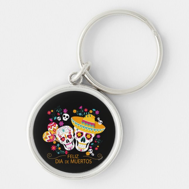 Party Sugar Skulls and Flowers Keychain (Front)