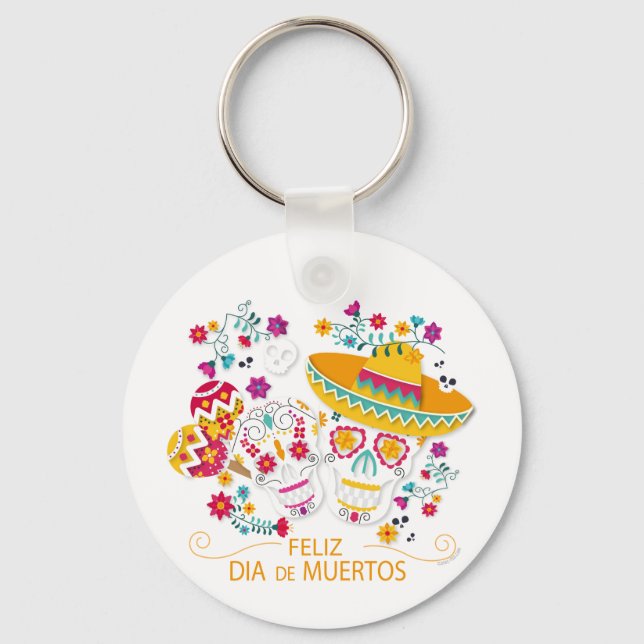 Party Sugar Skulls and Flowers Keychain (Front)