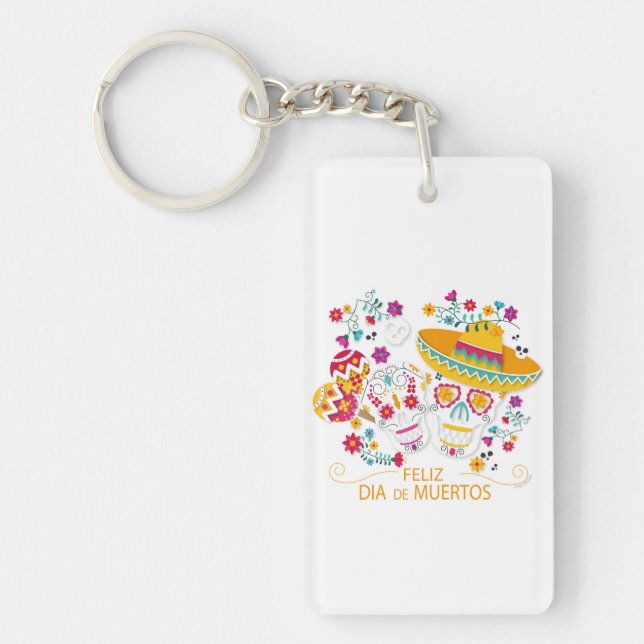 Party Sugar Skulls and Flowers Keychain (Front)