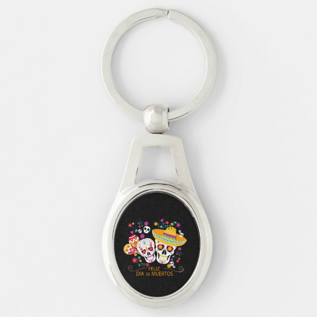 Party Sugar Skulls and Flowers Keychain (Front)
