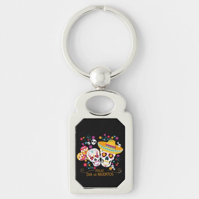 Party Sugar Skulls and Flowers Keychain (Front)