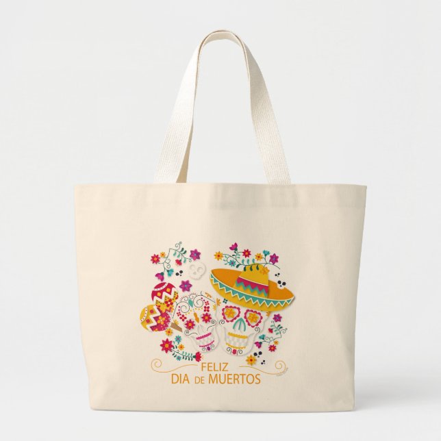 Party Sugar Skulls and Flowers Large Tote Bag (Front)