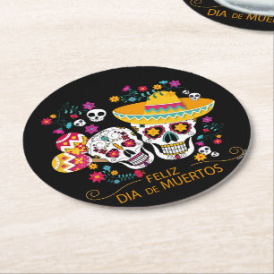 Party Sugar Skulls and Flowers Round Paper Coaster