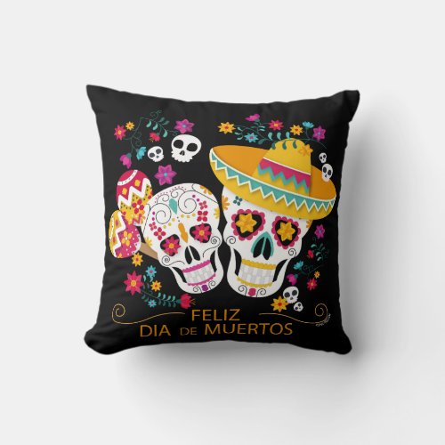 Party Sugar Skulls Happy Day of the Dead Throw Pillow