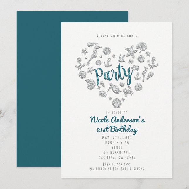 PARTY Teal Beach Glam Diamond Heart Invitations (Front/Back)