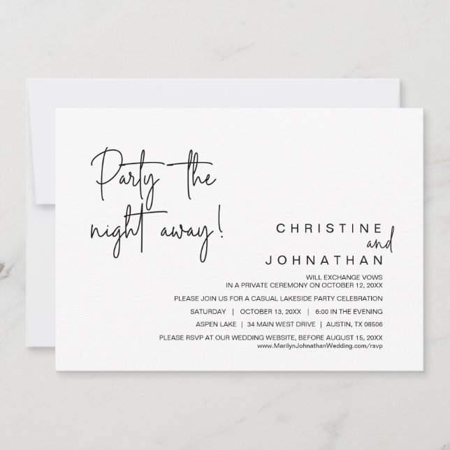 Party the night away, Wedding Elopement Dinner Invitation (Front)