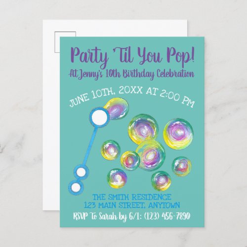 Party Til You Pop Bubble Wand Birthday Bubbles Invitation Postcard