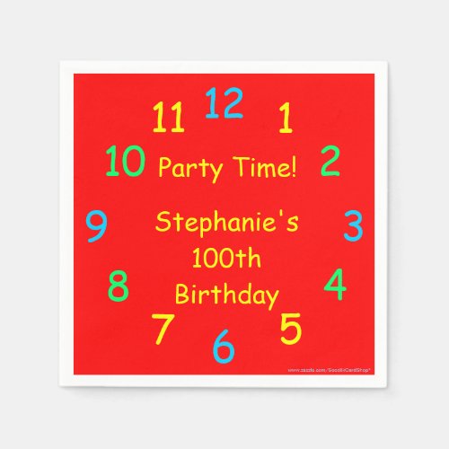 Party Time 100th Birthday Red Clock Name Paper Paper Napkins