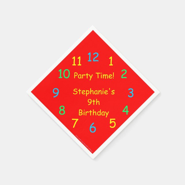 Party Time, 9th Birthday, Red Clock, Name, Paper Paper Napkins (Corner)