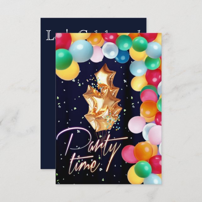 Party time balloon wall blue sparkle curtain invitation (Front/Back)