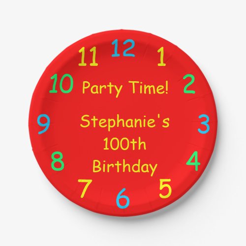 Party Time Clock 100th Birthday Name Red Paper Plates