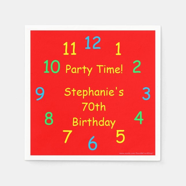 Party Time Clock 70th Birthday, Red, Name, Paper Napkins (Front)
