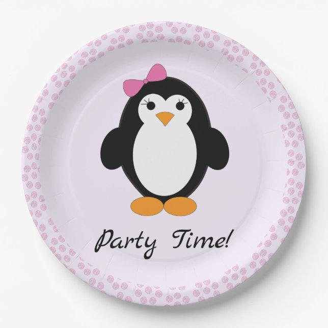 Party Time Girl Penguin Paper Plates (Front)