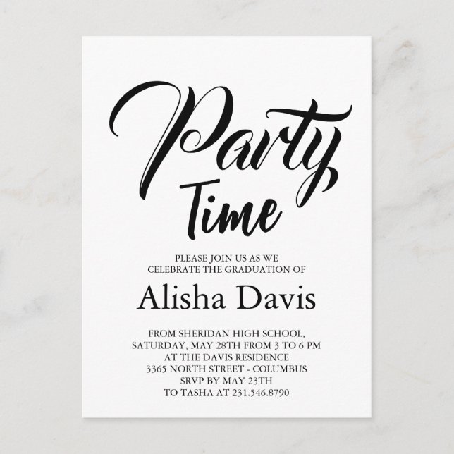 Party Time Graduation Celebration Invitation Postcard (Front)