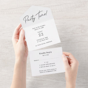 Party Time Modern Minimalist Simple Clean White All In One Invitation