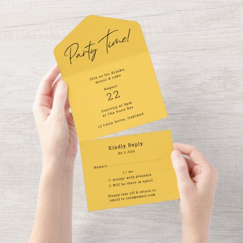 Party Time Mustard Yellow Minimalist Stylish RSVP All In One Invitation