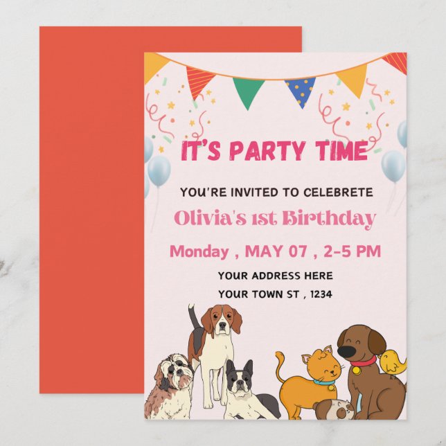 Party Time Puppy Dog Birthday Party  Invitation (Front/Back)