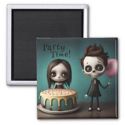 Party time skeleton friends with birthday cake  magnet