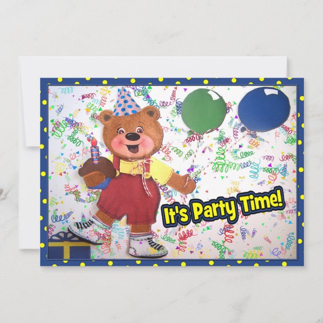 Party Time Teddy Bear Custom Invite (Front)