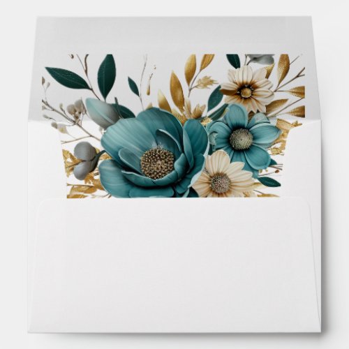 Party Turquoise White Flower Golden Leaves Elegant Envelope