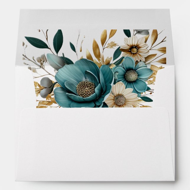 Party Turquoise White Flower Golden Leaves Elegant Envelope (Back (Bottom))