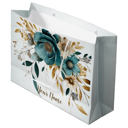 Party Turquoise White Flower Golden Leaves Elegant Large Gift Bag