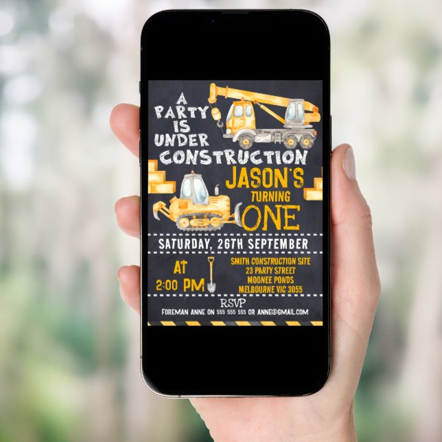 Party Under Construction 1st Birthday Invitation (Front Digital)