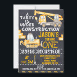 Party Under Construction 1st Birthday Invitation<br><div class="desc">Party Under Construction 1st Birthday Invitation

This party under construction first birthday invitation could be used for a different age.  It features an excavator,  tuck and brickwork on a chalkboard background.  Great for a construction themed birthday party,  this design also features a chalk-like font heading.</div>