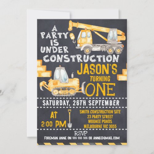 Party Under Construction 1st Birthday Invitation
