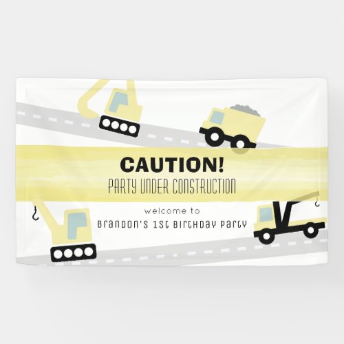 Party Under Construction Vehicles White Birthday Banner