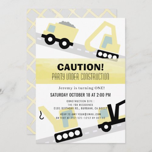 Party Under Construction White 1st Birthday Invitation