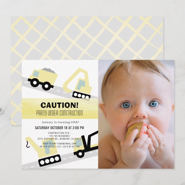 Party Under Construction White 1st Birthday Photo Invitation (Front/Back)