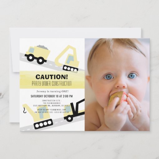 Party Under Construction White 1st Birthday Photo Invitation | Zazzle