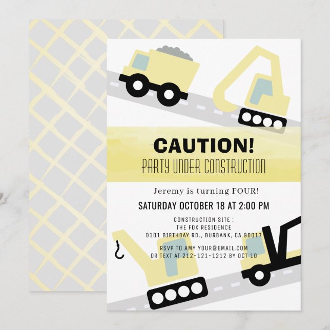Party Under Construction White Birthday Invitation (Front/Back)