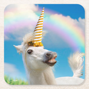 Party Unicorn Horse And Rainbow Square Paper Coaster